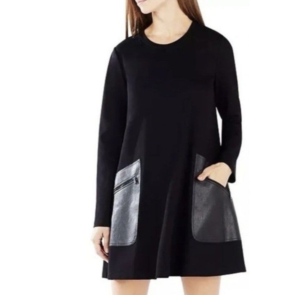 BCBGMAXAZRIA Black Swing Dress Long Sleeves Faux-Leather Pockets Sz M Minimalist